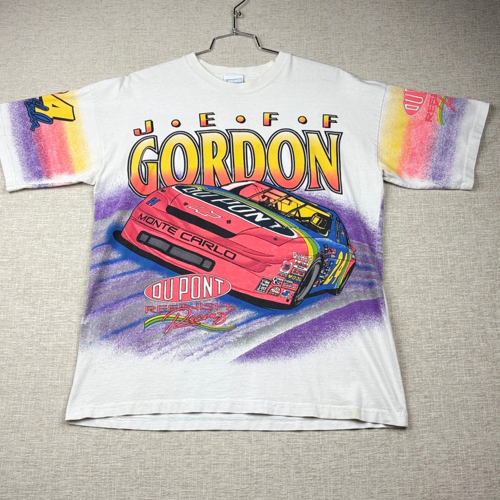 Vintage 1995 Jeff Gordon NASCAR Shirt DuPont Racing All Over Print Mens L USA